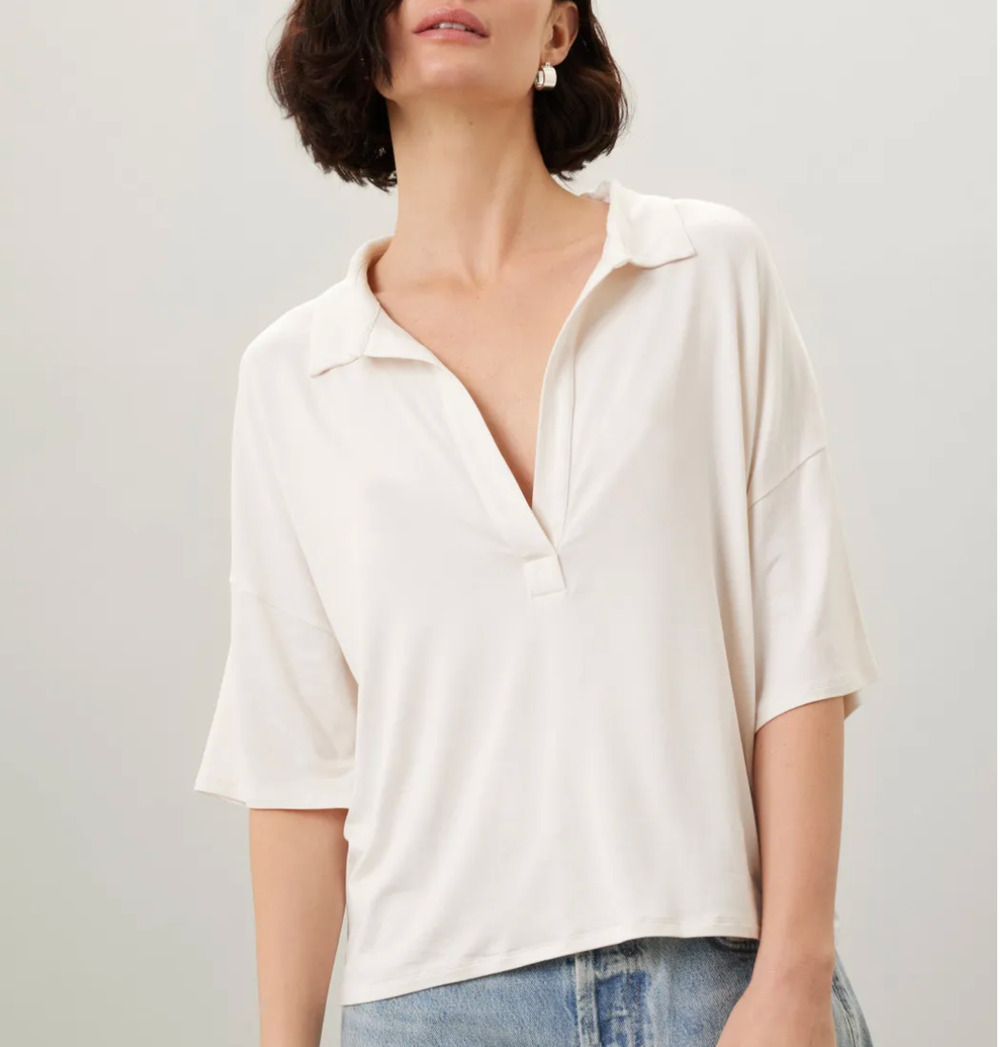 Majestic Filatures Cream Oversized Polo Top MEDIUM Knit Basic Soft Designer $195